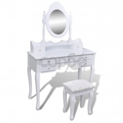 Тоалетка с огледало и табуретка, 7 чекмеджета, бяла  