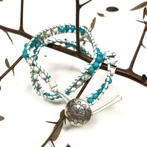Double Wrap Bracelet - Turquoise and White Agate ➤ топ цена ➤ sorbe.bg
