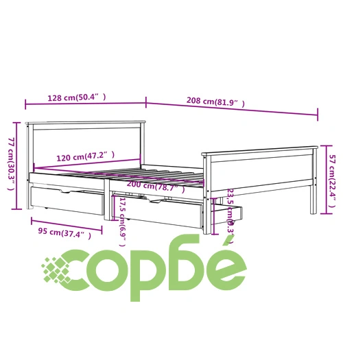 Рамка за легло от масивен бор с 2 чекмеджета, 120x200 см ➤ топ цена ➤ sorbe.bg