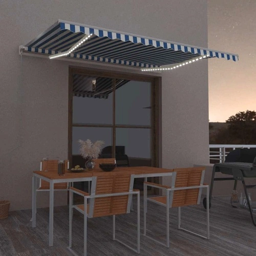 Автоматична тента с LED осветление и сензор за вятър 450x300 см - синя и бяла ➤ топ цена ➤ sorbe.bg