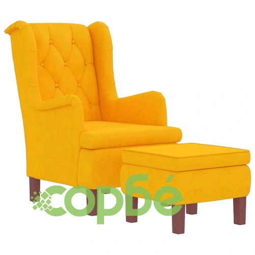Фотьойл с табуретка от жълто кадифе и крака от каучуково дърво ➤ топ цена ➤ sorbe.bg