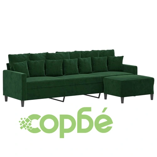 3-местен диван с табуретка от кадифе, тъмнозелен, 210 см ➤ топ цена ➤ sorbe.bg