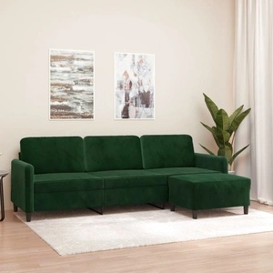 3-местен диван с табуретка от кадифе, тъмнозелен, 210 см