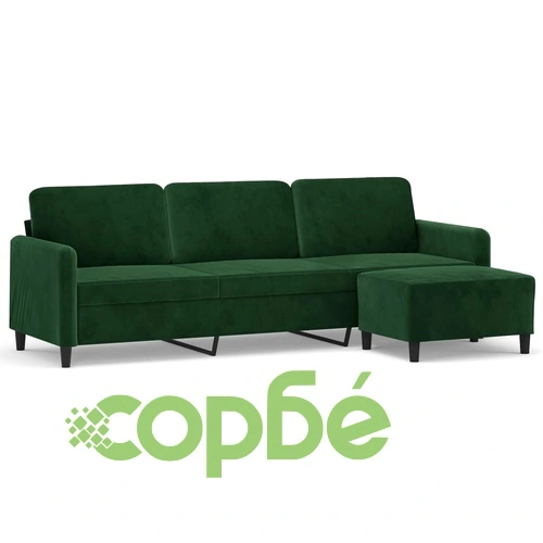 3-местен диван с табуретка от кадифе, тъмнозелен, 210 см ➤ топ цена ➤ sorbe.bg