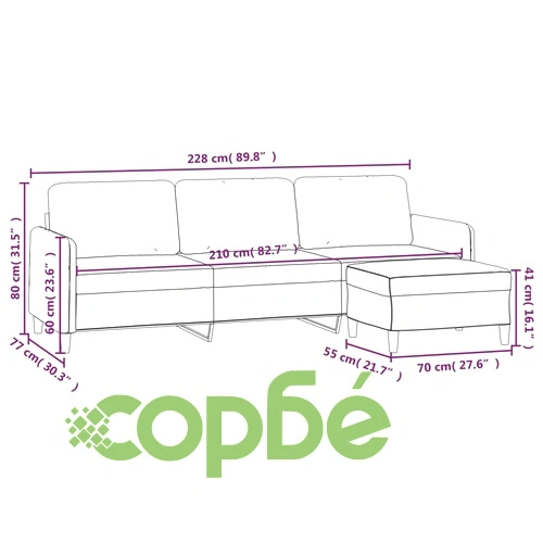 3-местен диван с табуретка от кадифе, тъмнозелен, 210 см ➤ топ цена ➤ sorbe.bg