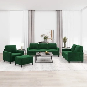 Комплект дивани от 4 части с възглавници, тъмнозелен, кадифе - метална и шперплатова рамка