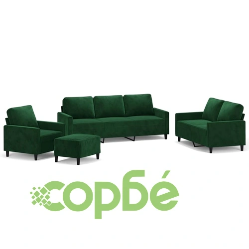 Комплект дивани от 4 части с възглавници, тъмнозелен, кадифе - метална и шперплатова рамка ➤ топ цена ➤ sorbe.bg