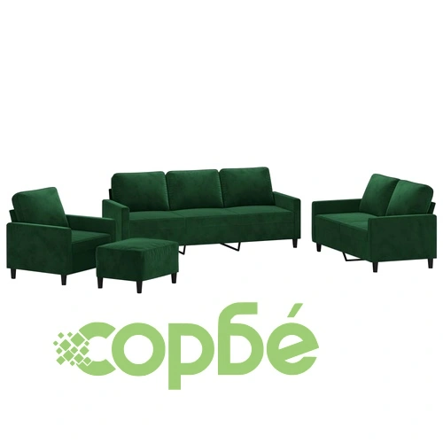 Комплект дивани от 4 части с възглавници, тъмнозелен, кадифе - метална и шперплатова рамка ➤ топ цена ➤ sorbe.bg