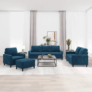 Комплект дивани от 4 части с възглавници, син, кадифе - шперплат и метална рамка