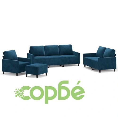 Комплект дивани от 4 части с възглавници, син, кадифе - шперплат и метална рамка ➤ топ цена ➤ sorbe.bg