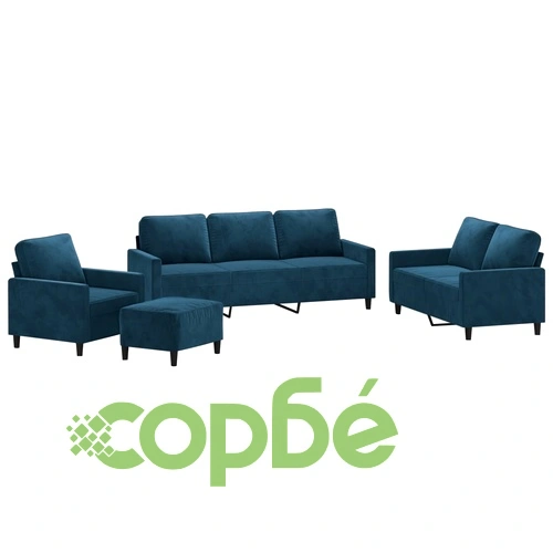 Комплект дивани от 4 части с възглавници, син, кадифе - шперплат и метална рамка ➤ топ цена ➤ sorbe.bg