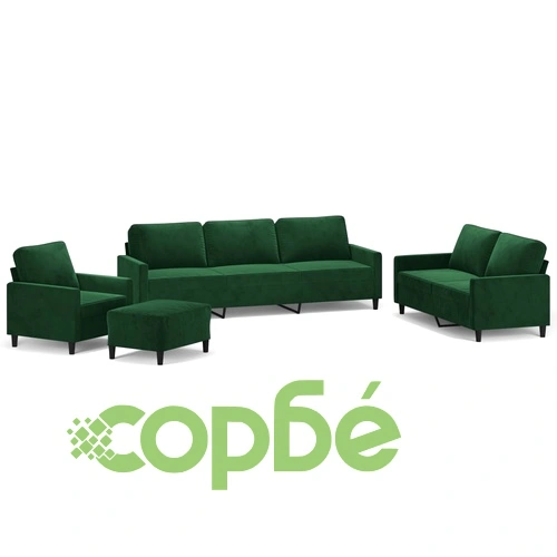 Комплект дивани от 4 части с възглавници, тъмнозелен, кадифе, метална рамка ➤ топ цена ➤ sorbe.bg