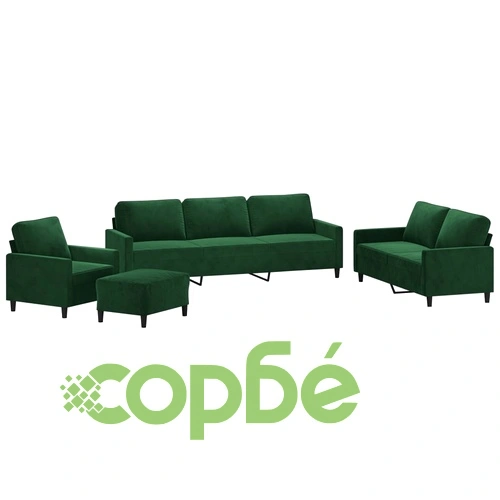 Комплект дивани от 4 части с възглавници, тъмнозелен, кадифе, метална рамка ➤ топ цена ➤ sorbe.bg