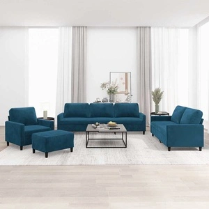 Комплект дивани от 4 части с възглавници, син, кадифе, метална рамка