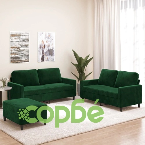 Комплект дивани от 3 части с възглавници, тъмнозелен, кадифе - шперплатова и метална рамка ➤ топ цена ➤ sorbe.bg