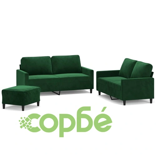 Комплект дивани от 3 части с възглавници, тъмнозелен, кадифе - шперплатова и метална рамка ➤ топ цена ➤ sorbe.bg