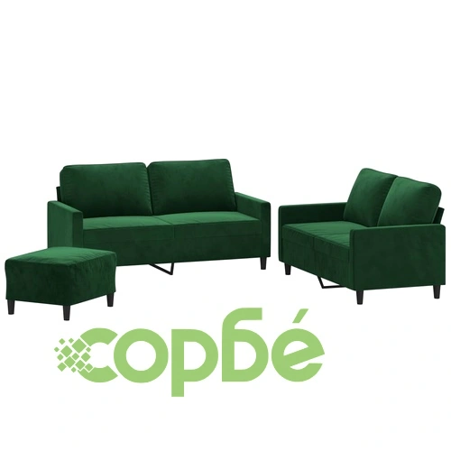 Комплект дивани от 3 части с възглавници, тъмнозелен, кадифе - шперплатова и метална рамка ➤ топ цена ➤ sorbe.bg