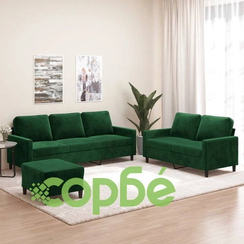 Луксозен комплект дивани от 3 части с възглавници, тъмнозелено кадифе, метална рамка ➤ топ цена ➤ sorbe.bg