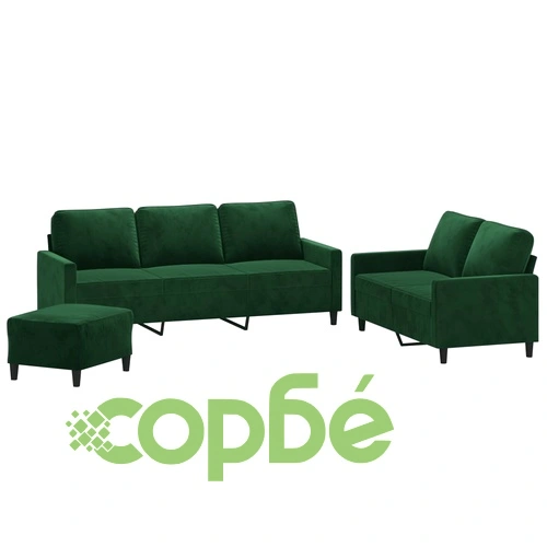 Луксозен комплект дивани от 3 части с възглавници, тъмнозелено кадифе, метална рамка ➤ топ цена ➤ sorbe.bg