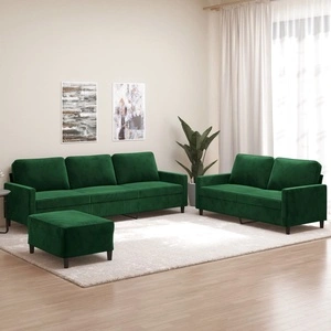 Луксозен комплект дивани от 3 части с възглавници, тъмнозелено кадифе, метална рамка