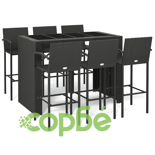 Градински бар комплект от полиратан, 7 части, черен, 145 x 80 x 110 см ➤ топ цена ➤ sorbe.bg