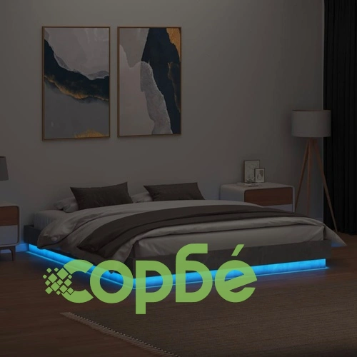 Рамка за легло с LED осветление, бетонно сиво, 180x200 см, инженерно дърво ➤ топ цена ➤ sorbe.bg