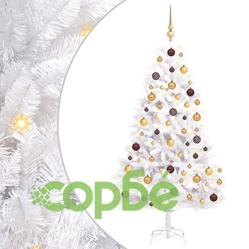 Изкуствена коледна елха 180 см PVC и метал Бяло с LED светлини ➤ топ цена ➤ sorbe.bg