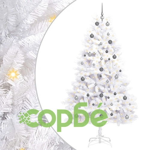 Изкуствена коледна елха 240 см, PVC и стомана, бяла, с LED осветление ➤ топ цена ➤ sorbe.bg