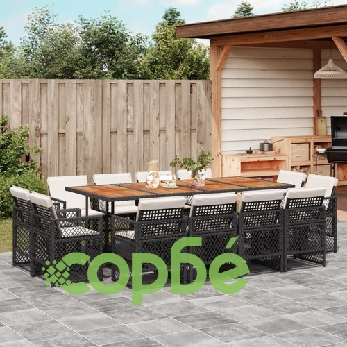Градински трапезен комплект 13 части с възглавници черен полиратан 220x106 см ➤ топ цена ➤ sorbe.bg