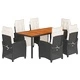 Луксозен градински трапезен комплект 7 части с възглавници - черен полиратан и акациево дърво