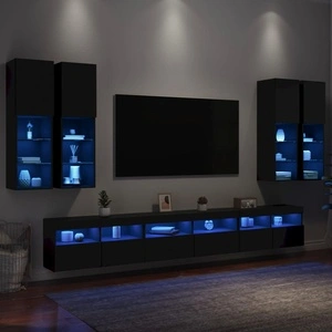 Комплект ТВ стенни шкафове, 7 части, инженерно дърво, с LED осветление, черен