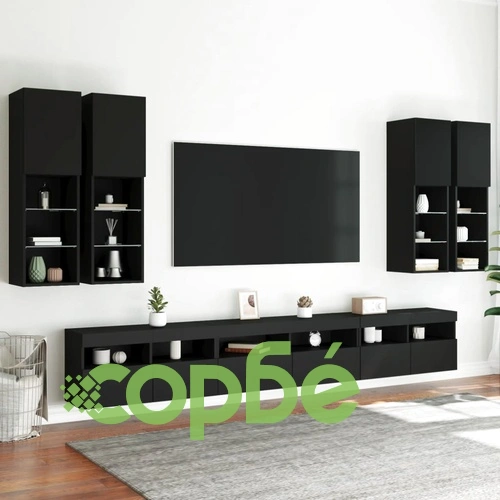 Комплект ТВ стенни шкафове, 7 части, инженерно дърво, с LED осветление, черен ➤ топ цена ➤ sorbe.bg
