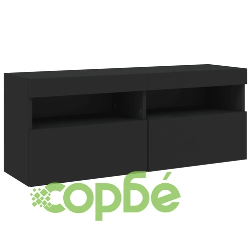 Комплект ТВ стенни шкафове, 7 части, инженерно дърво, с LED осветление, черен ➤ топ цена ➤ sorbe.bg