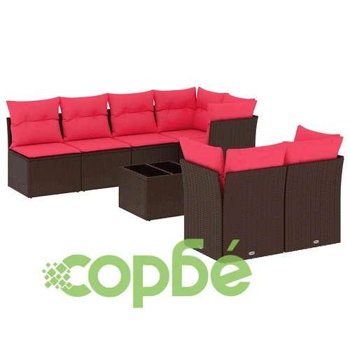 Градински комплект мебели 8 части с възглавници, кафяв полиратан ➤ топ цена ➤ sorbe.bg