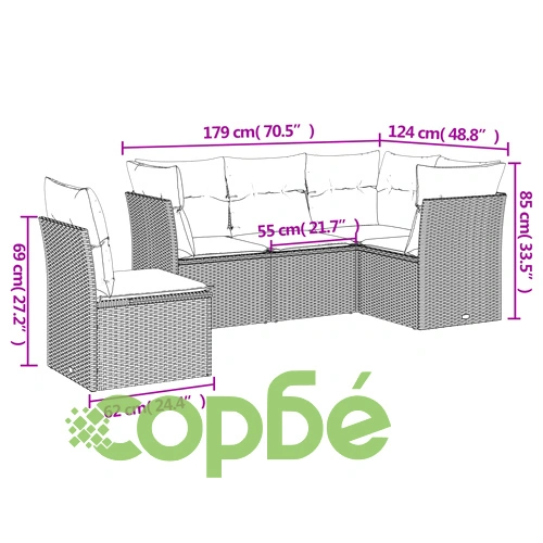 Градински диван 5 части с възглавници PE ратан сив ➤ топ цена ➤ sorbe.bg
