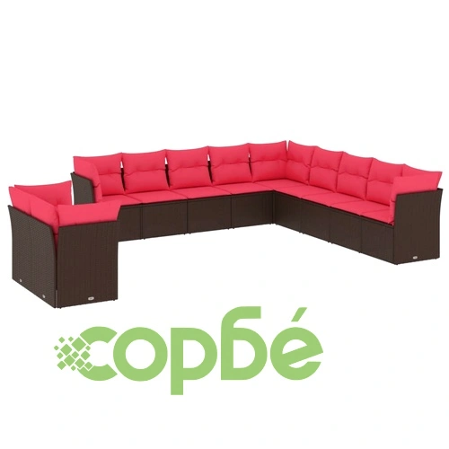 Градински комплект диван 11 части с възглавници кафяв полиратан ➤ топ цена ➤ sorbe.bg