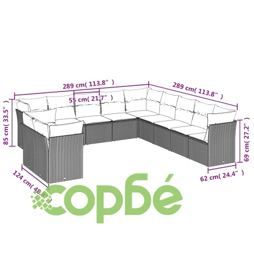 Градински комплект диван 11 части с възглавници кафяв полиратан ➤ топ цена ➤ sorbe.bg