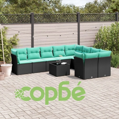 Градински диван комплект 10 части с възглавници черен полиратан PE ➤ топ цена ➤ sorbe.bg