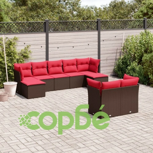 Градински комплект диван от кафяв полиратан с възглавници - 9 части ➤ топ цена ➤ sorbe.bg