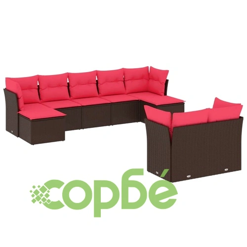 Градински комплект диван от кафяв полиратан с възглавници - 9 части ➤ топ цена ➤ sorbe.bg