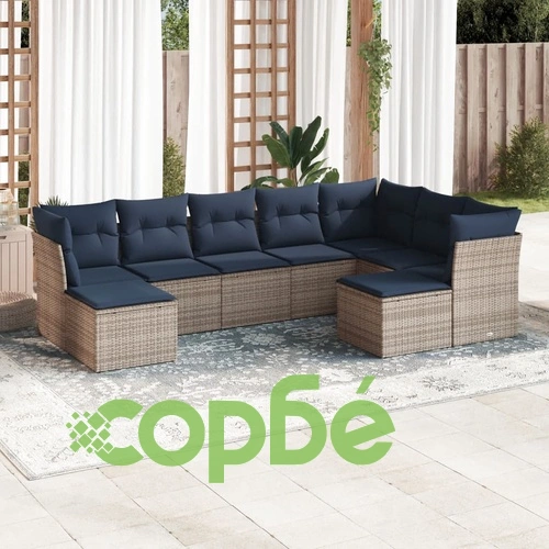 Градински диван комплект 9 части с възглавници PE ратан сив ➤ топ цена ➤ sorbe.bg