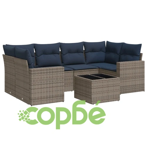 Комплект градински диван 7 части с възглавници полиратан сив ➤ топ цена ➤ sorbe.bg