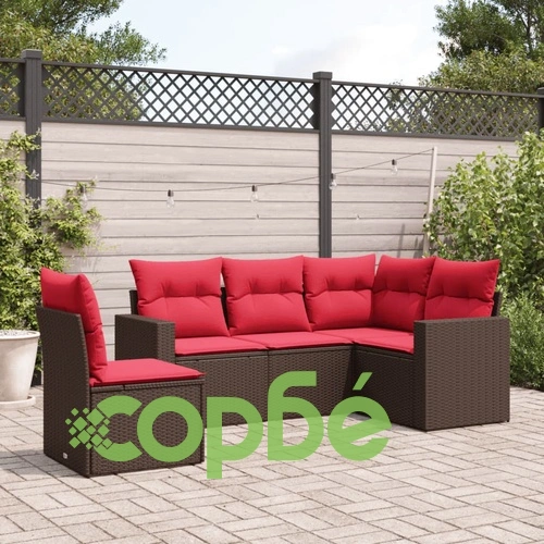 Градински комплект мебели 5 части с възглавници, кафяв PE ратан ➤ топ цена ➤ sorbe.bg