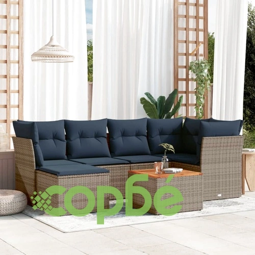 Градински диван комплект 7 части с възглавници от полиратан, сив ➤ топ цена ➤ sorbe.bg