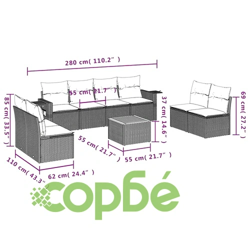 Градински комплект дивани с възглавници, 9 части, черен полиратан, 55x62x69 см ➤ топ цена ➤ sorbe.bg
