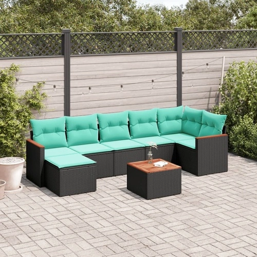 Градински комплект диван с възглавници, 8 части, PE ратан и акациево дърво, черен ➤ топ цена ➤ sorbe.bg