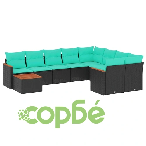 Градински комплект диван с възглавници, 10 части, PE ратан, черен, маса от акациево дърво ➤ топ цена ➤ sorbe.bg