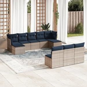 Градински диван комплект 10 части с възглавници PE ратан сив