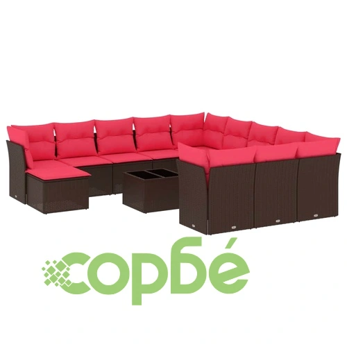 Градински комплект от полиратан, 13 части, кафяв, с възглавници и място за съхранение ➤ топ цена ➤ sorbe.bg