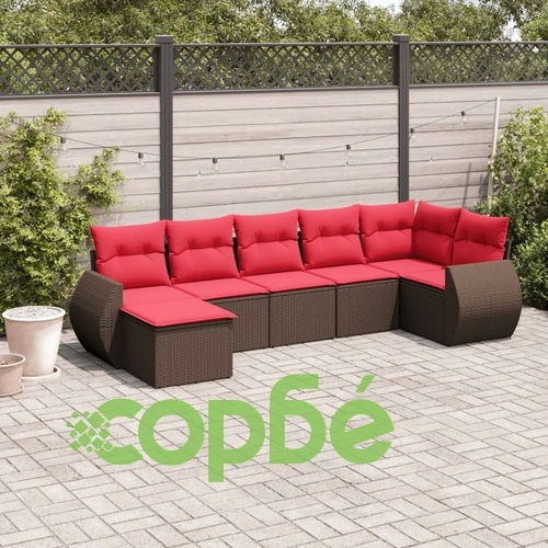 Градински диван комплект 7 части с възглавници PE ратан кафяв ➤ топ цена ➤ sorbe.bg